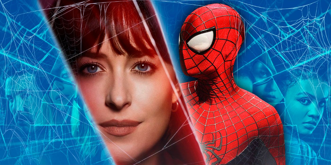 Una imagen de Madame Web, las otras Spider-Heroines y el Spider-Man de Tobey Maguire.