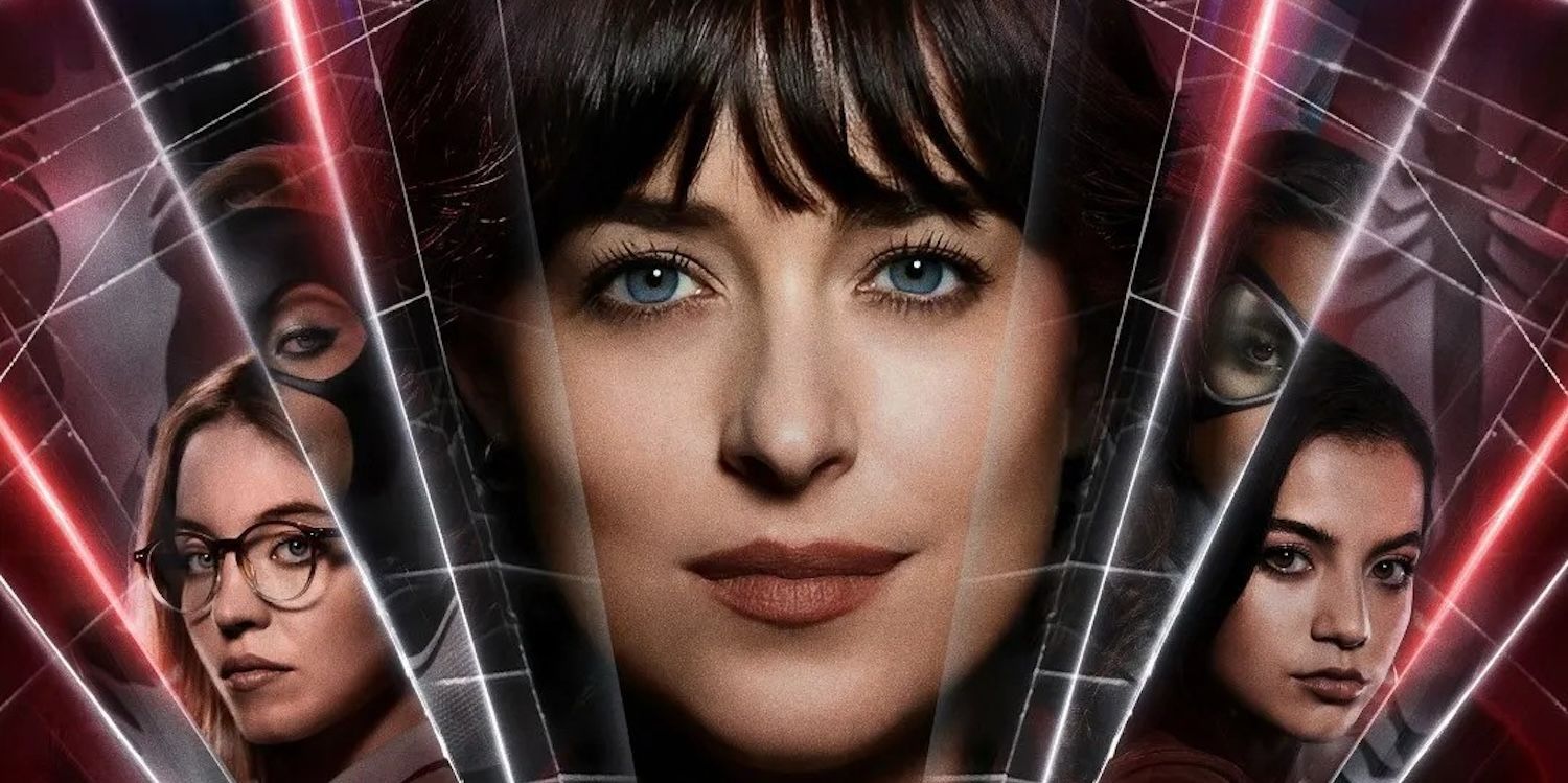 Extracto del póster oficial de Madame Web, Cassandra Web (Dakota Johnson) en el centro de una red con destellos de otros personajes a su alrededor.
