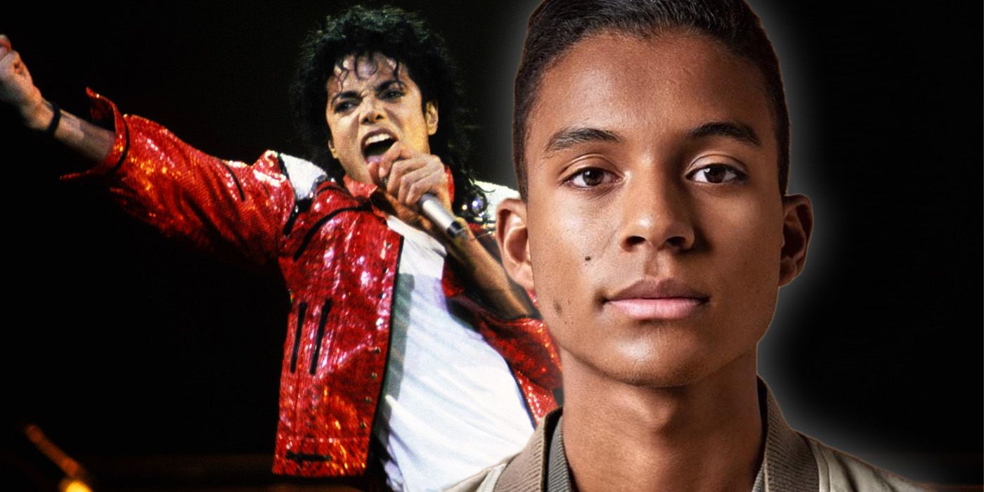 Jaafar Jackson frente a una fotografía de Michael Jackson de los años 80.