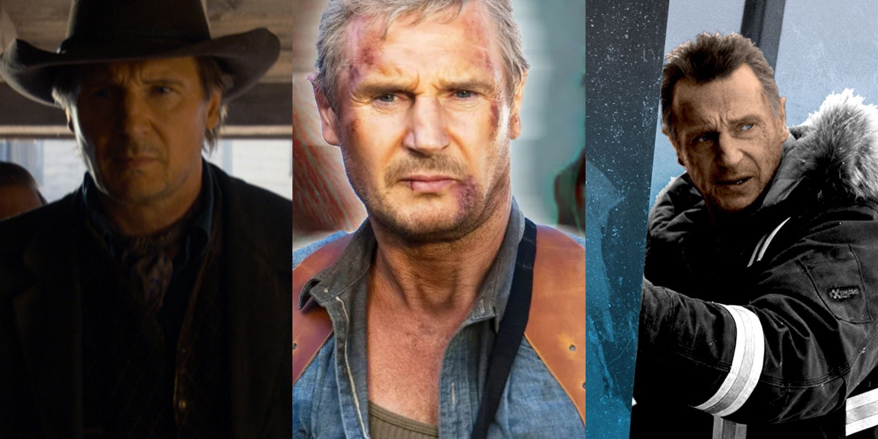 Imagen dividida Liam Neeson en Un millón de maneras de morir en Occidente, El equipo A y Cold Pursuit