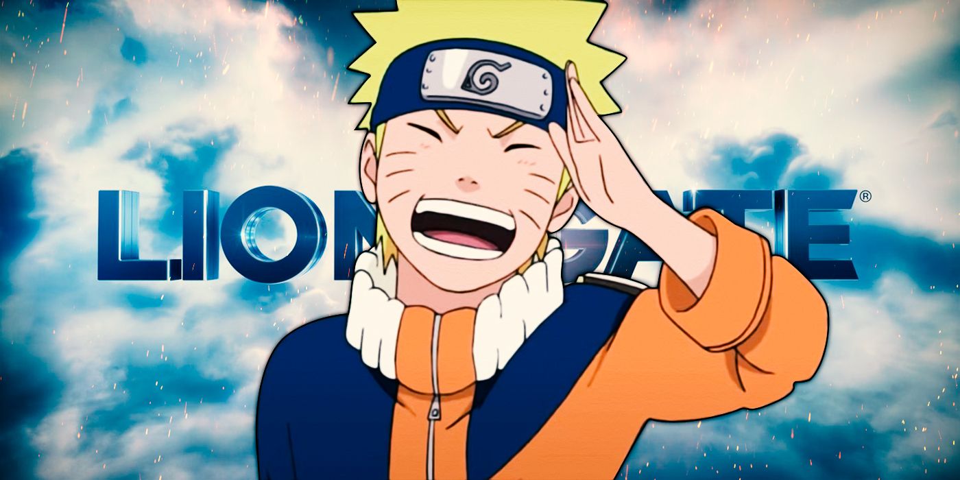 Naruto sonriendo y saludando con el logo de Lionsgate detrás de él.