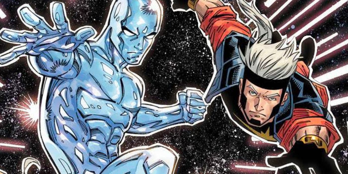 Silver Surfer vuela junto al hijo del Capitán Marvel, Legacy, en la portada de Ron Lim.
