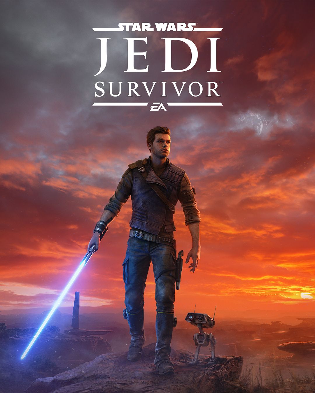 Cal Kestis caminando con su sable de luz en el arte del póster de Star Wars Jedi Survivor