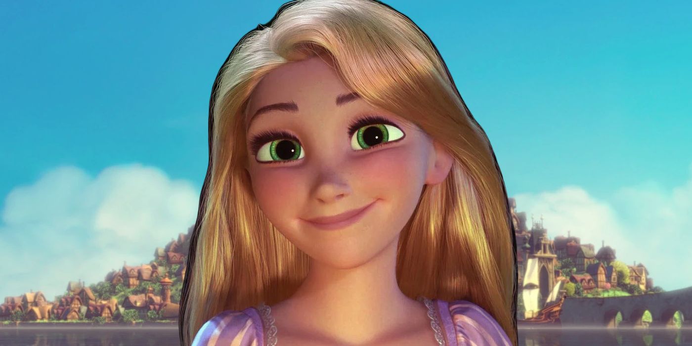 Rapunzel de Enredados sonriendo con el reino detrás de ella