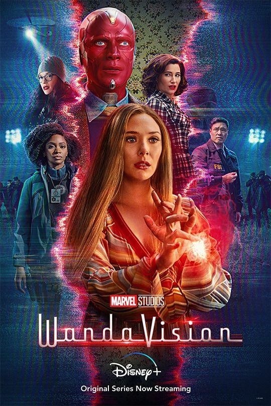 Los superhéroes Paul Bettany, Elizabeth Olsen, Kat Dennings, Kathryn Hahn, Randall Park y Teyonah Parris en WandaVision (2021)