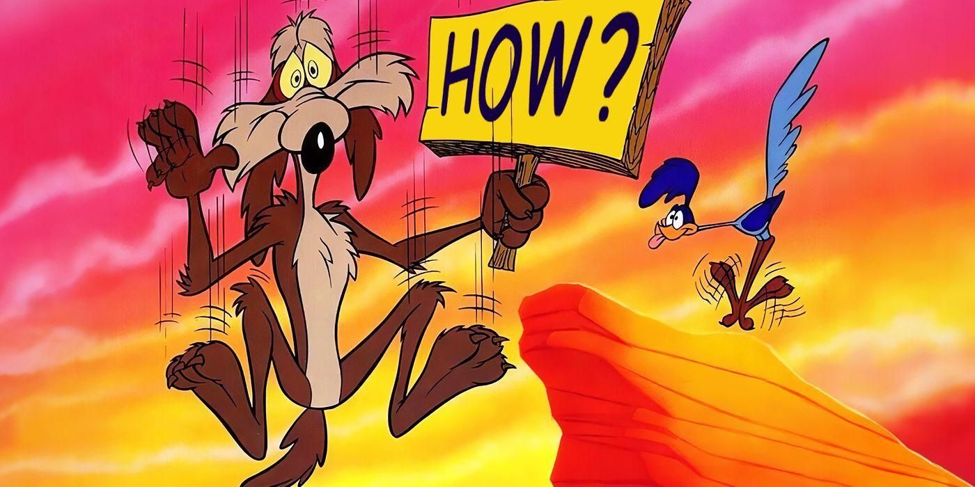 Wile E. Coyote sosteniendo un cartel que dice 