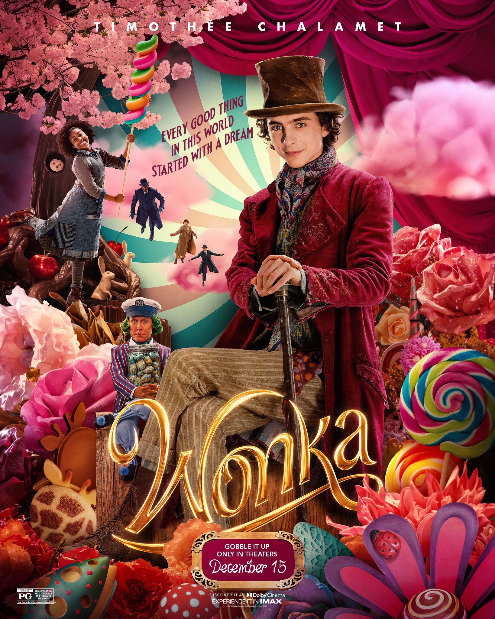 Wonka se sienta entre todo tipo de coloridos caramelos gigantes y chocolate en el póster de la película Wonka.