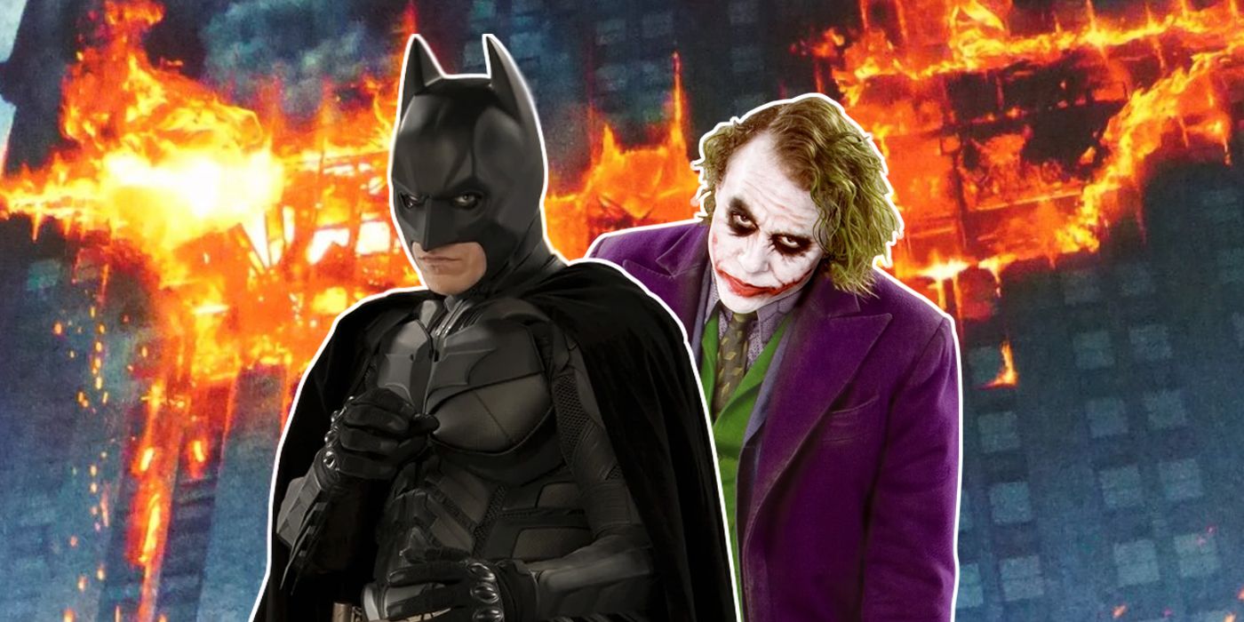 Batman y Joker de The Dark Knight con un murciélago ardiendo al fondo del cartel de la película.