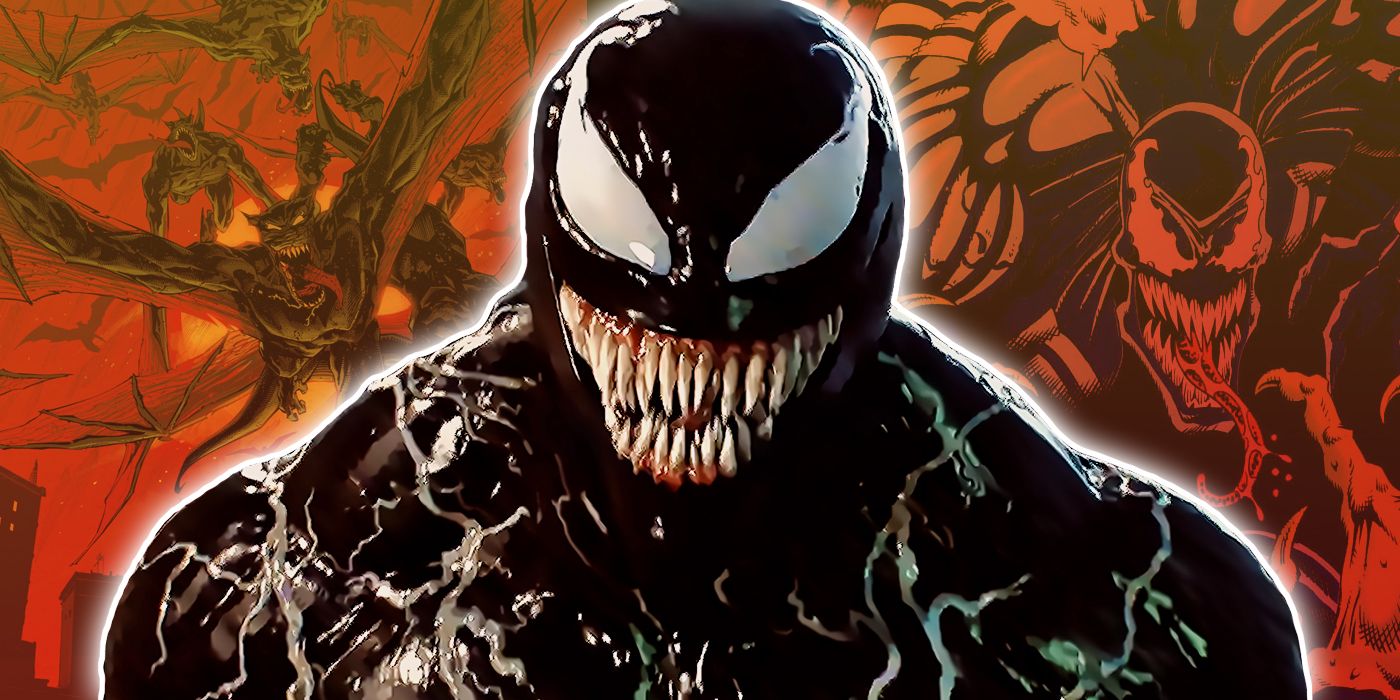 Venom de las películas con los dragones de Knull y la versión cómica de Venom de fondo