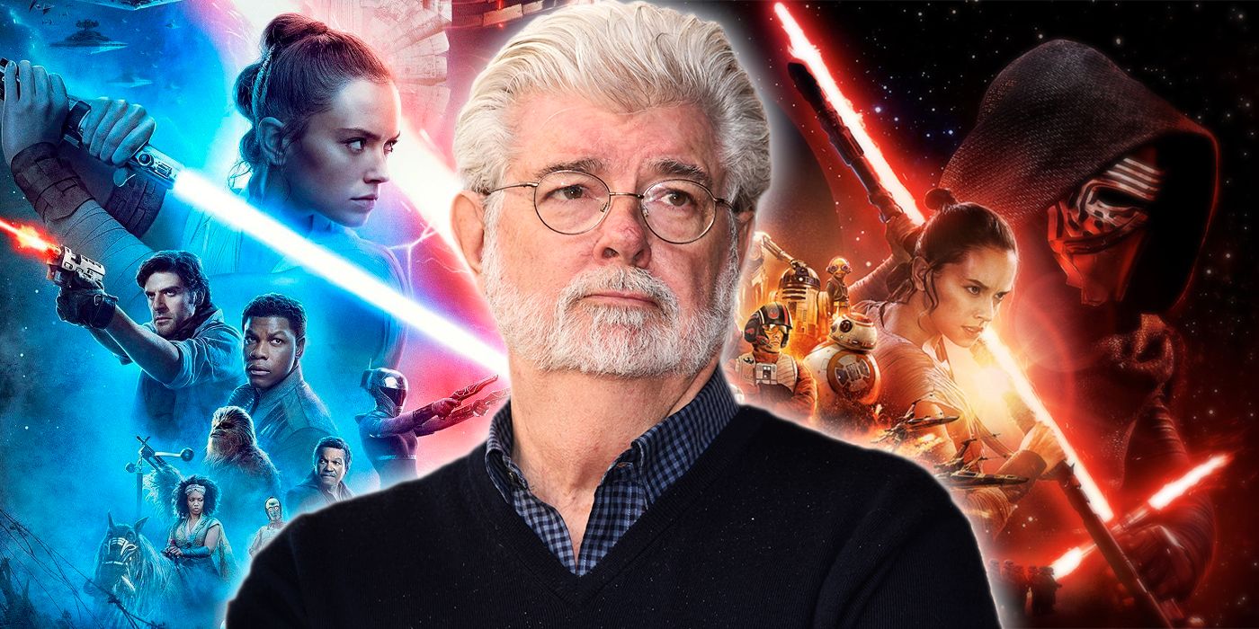 George Lucas frente a los carteles de El ascenso de Skywalker y El despertar de la fuerza