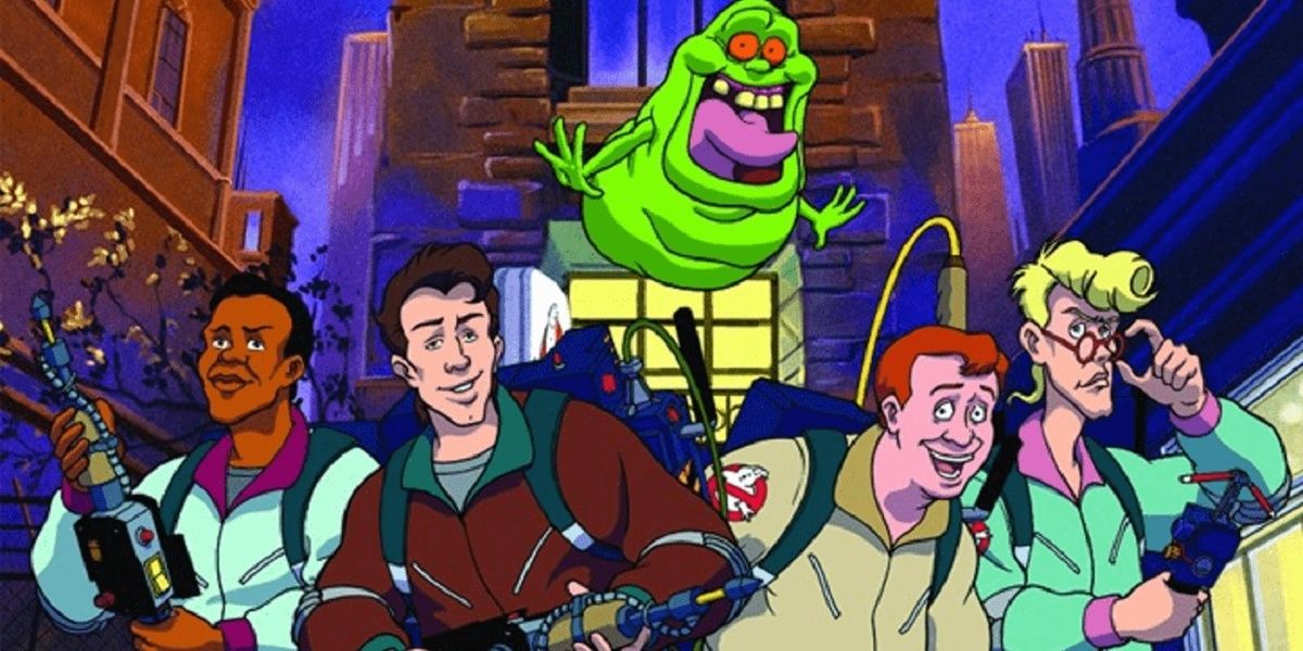 Slimer, Winston, Venkman, Stantz y Spengler en la serie animada The Real Ghostbusters