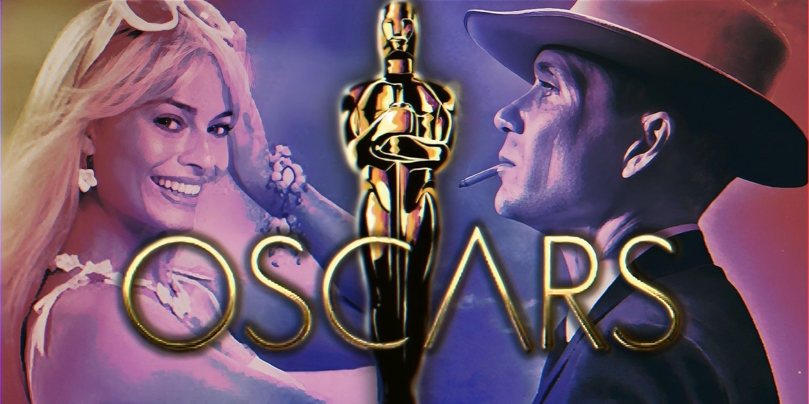 La Barbie de Margot Robbie sonriendo y el perfil lateral de Oppenheimer de Cillian Murphy junto al logo de los Oscar.