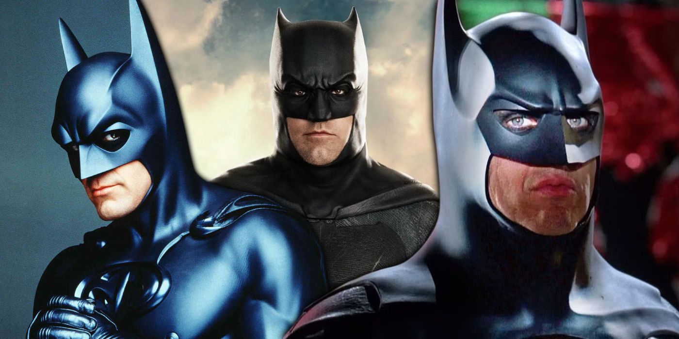 Una imagen compuesta que presenta a los respectivos Batman de George Clooney, Ben Affleck y Michael Keaton.
