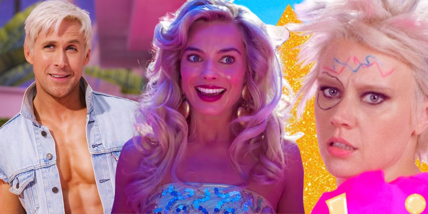 Collage de Ryan Gosling como Ken, Margot Robbie como Barbie y Kate McKinnon como Weird Barbie en Barbie