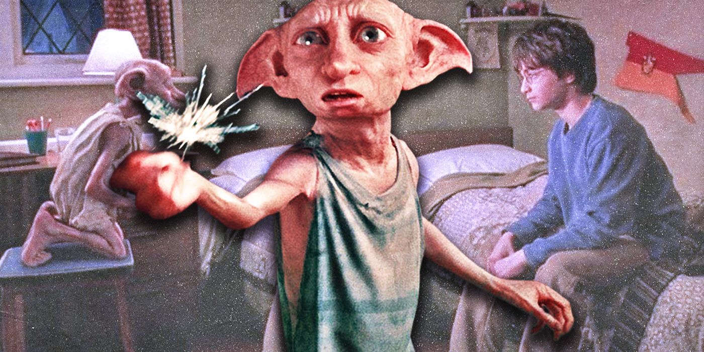 Imagen personalizada de Dobby chasqueando los dedos frente a una imagen de fondo de Harry y Dobby en la Cámara de los Secretos.