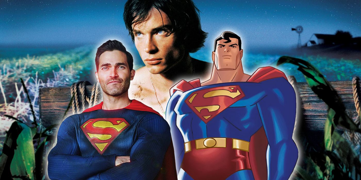 DCAU Superman, Arrowverse Superman y Smallville Clark Kent en una imagen de collage