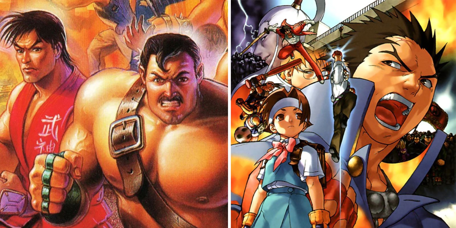 Imagen dividida con Guy y Mike Haggar en la portada de Final Fight-3, así como arte con personajes de Rival Schools United by Fate, incluidos Sakura y Batsu de Street Fighter.