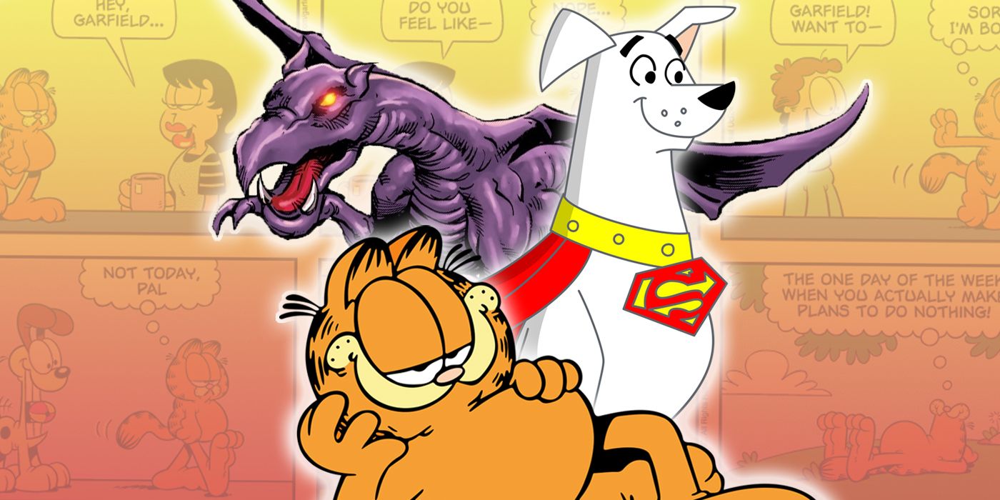 Imagen dividida de Garfield, Krypto y Lockheed con una tira cómica de fondo