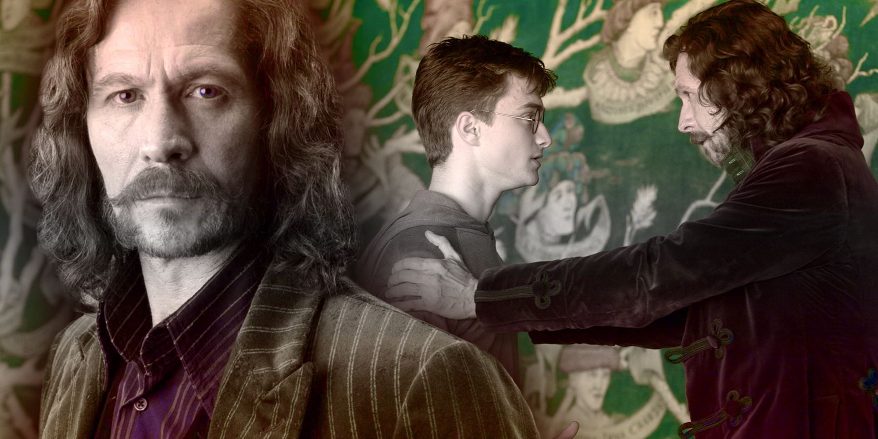 Un collage de Sirius Black frente a Sirius abrazando a Harry frente al árbol genealógico de los Black.