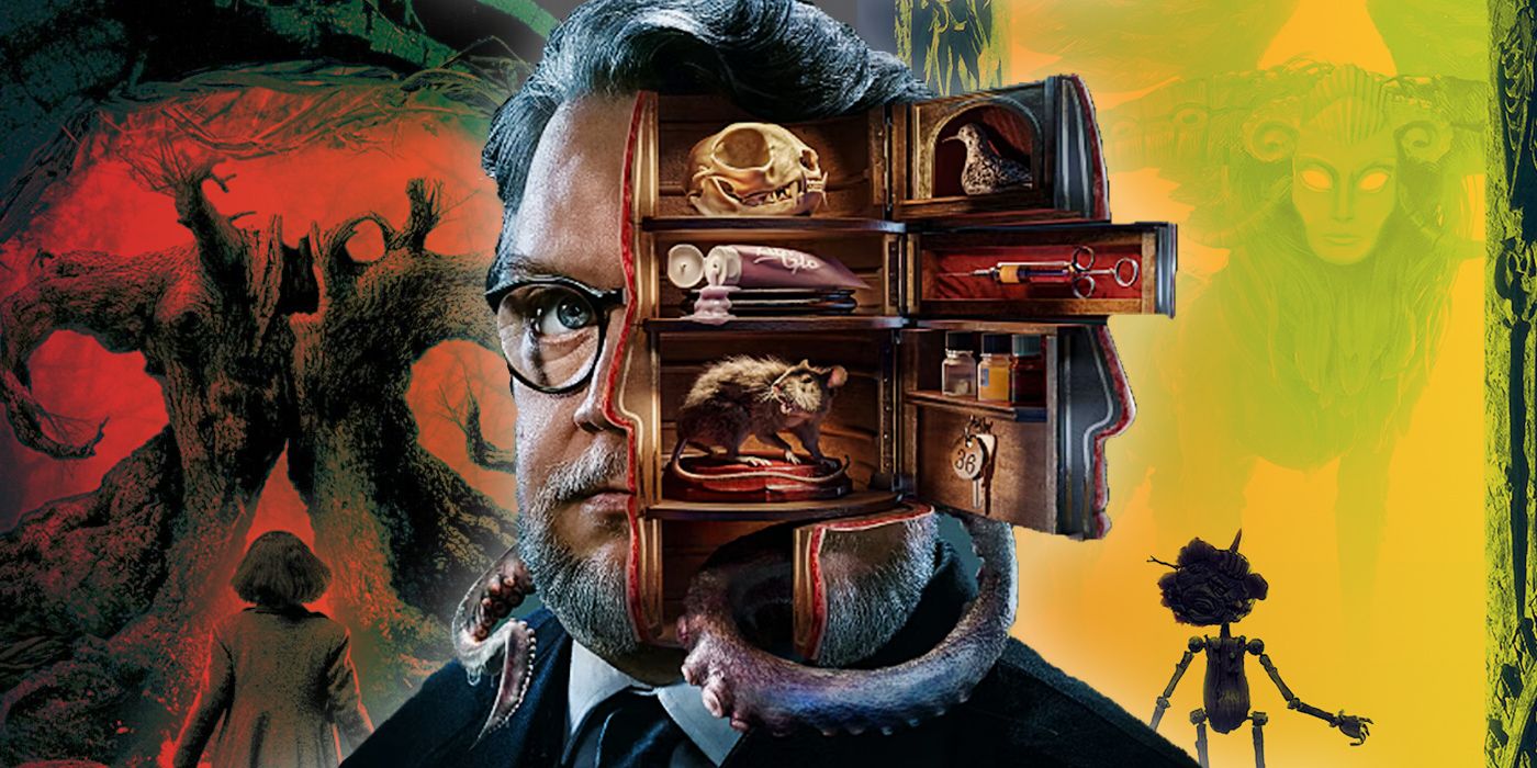 Guillermo Del Toro del Gabinete de Curiosidades con carteles de Pinocho y El Laberinto del Fauno al fondo