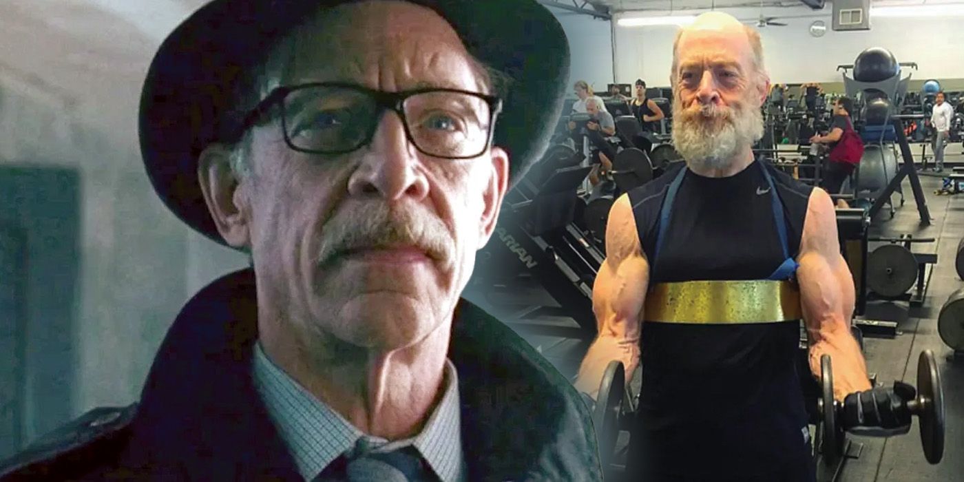 Una imagen compuesta que presenta al comisionado Gordon de JK Simmons y la selfie de entrenamiento viral del actor de 2016.