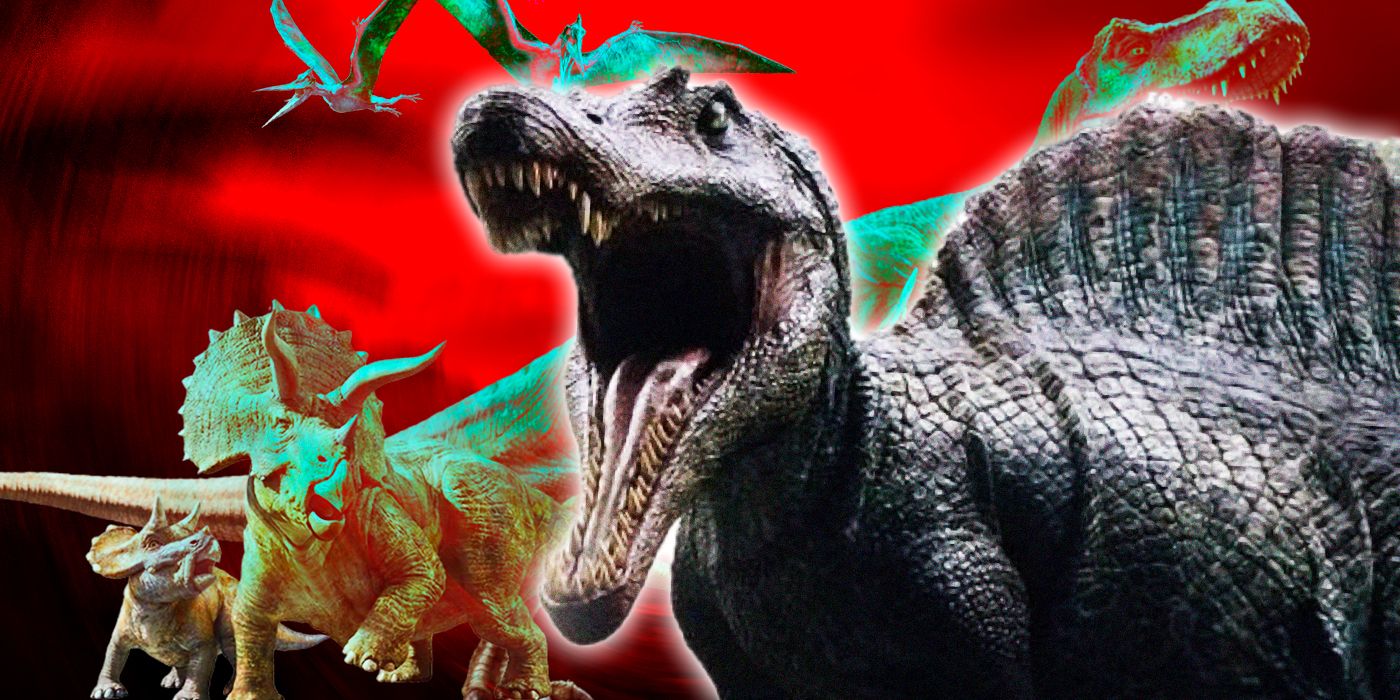 El Spinosaurus de Jurassic Park III posa frente a varios dinosaurios de la serie.