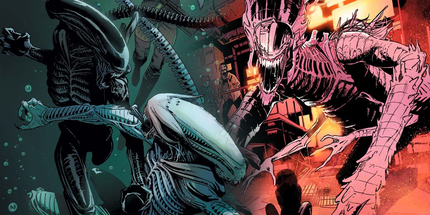 Imagen dividida de xenomorfos luchando en Marvel's Alien #4