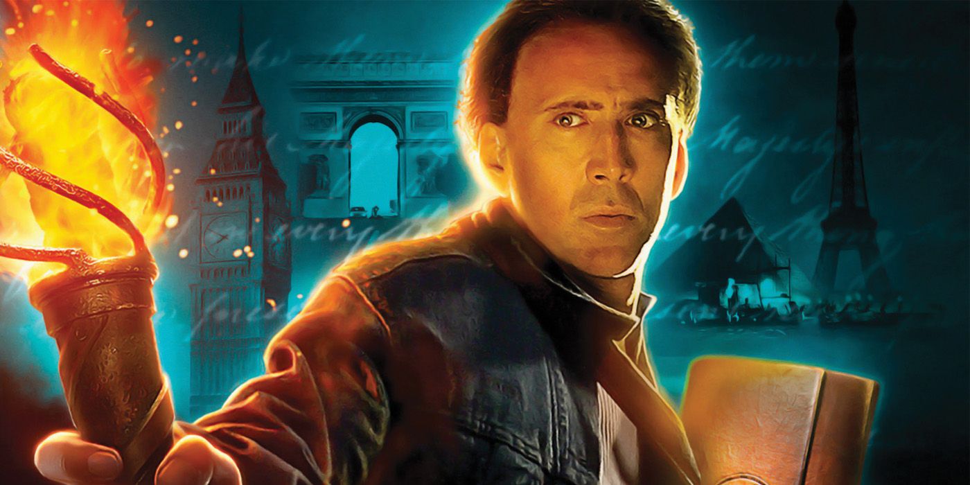 Ben Gates de Nicolas Cage sosteniendo una antorcha.