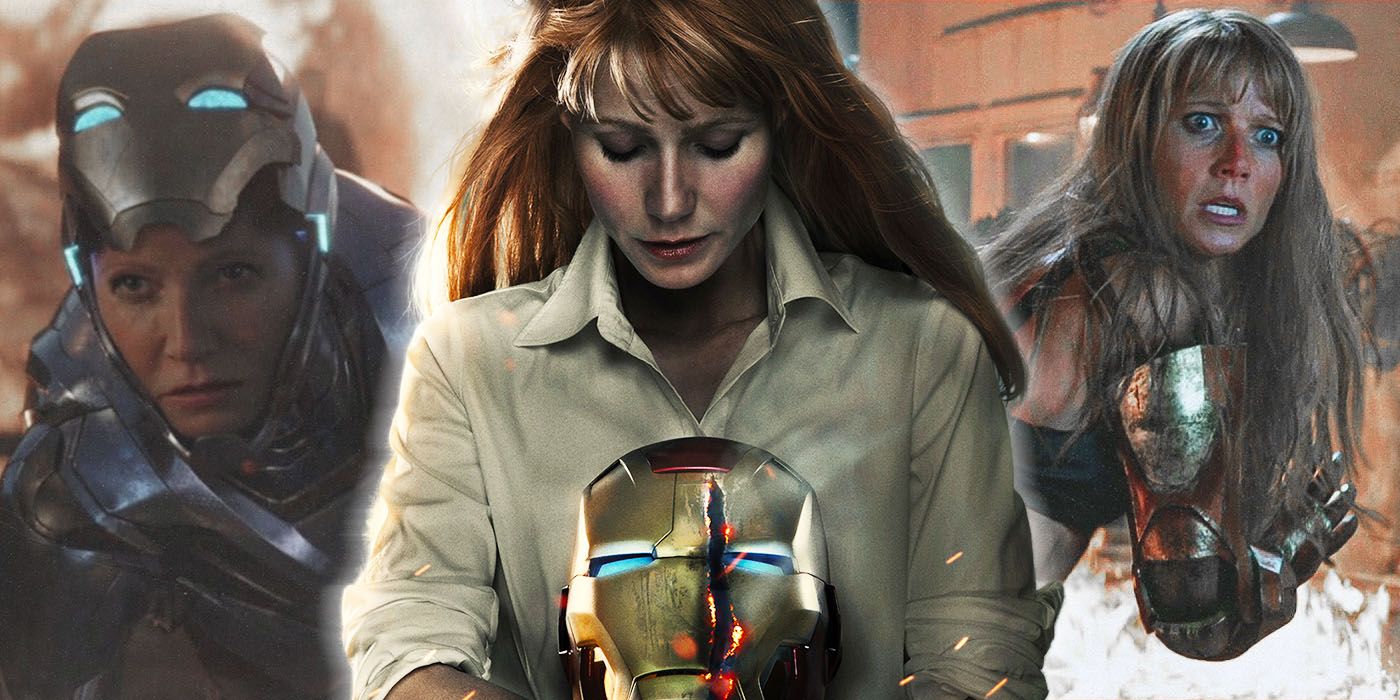 Pepper Potts sosteniendo un casco de Iron Man frente a otras imágenes del personaje.