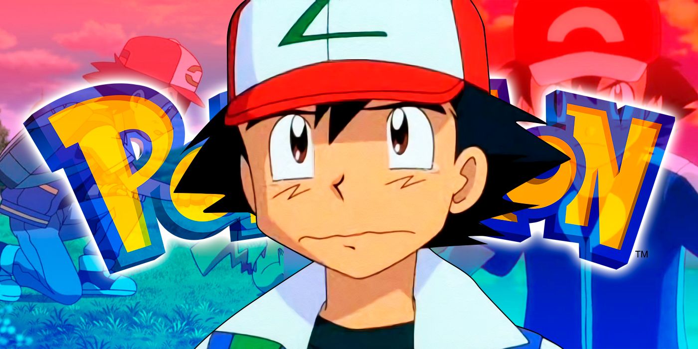Ash a punto de llorar en Pokémon con el logo oficial detrás de él