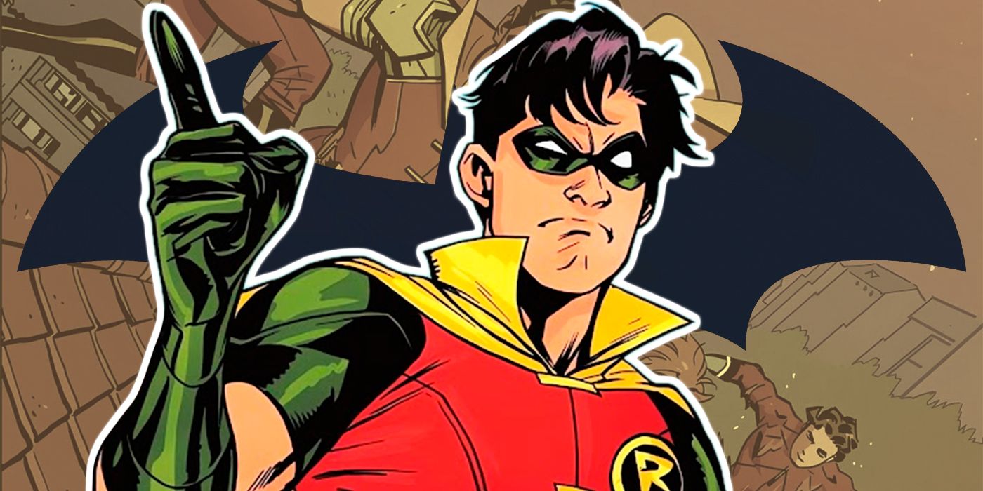 Robin luce molesto frente al logotipo de Batman y al cómic de World's Finest Teen Titans.