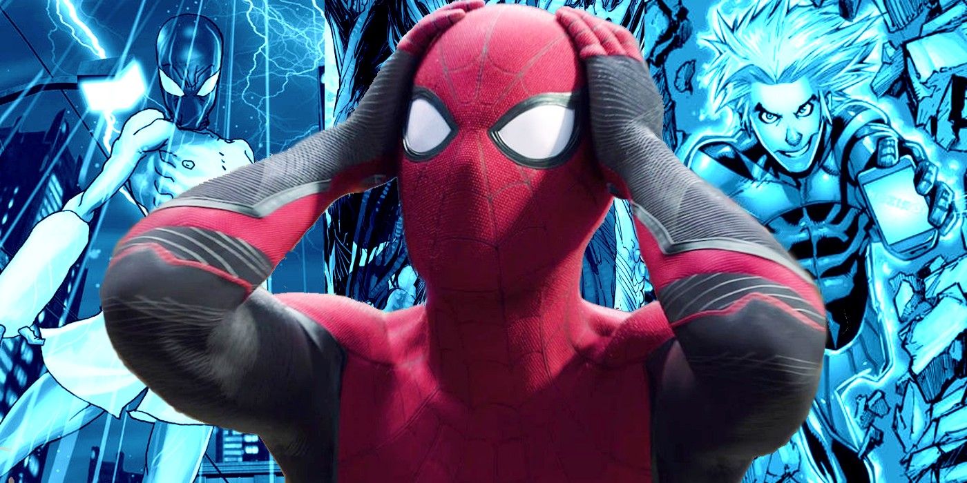 Spider-Man (Tom Holland) posa frente a Spider-Man: Reign, Spider-Man: The Other y Alpha.