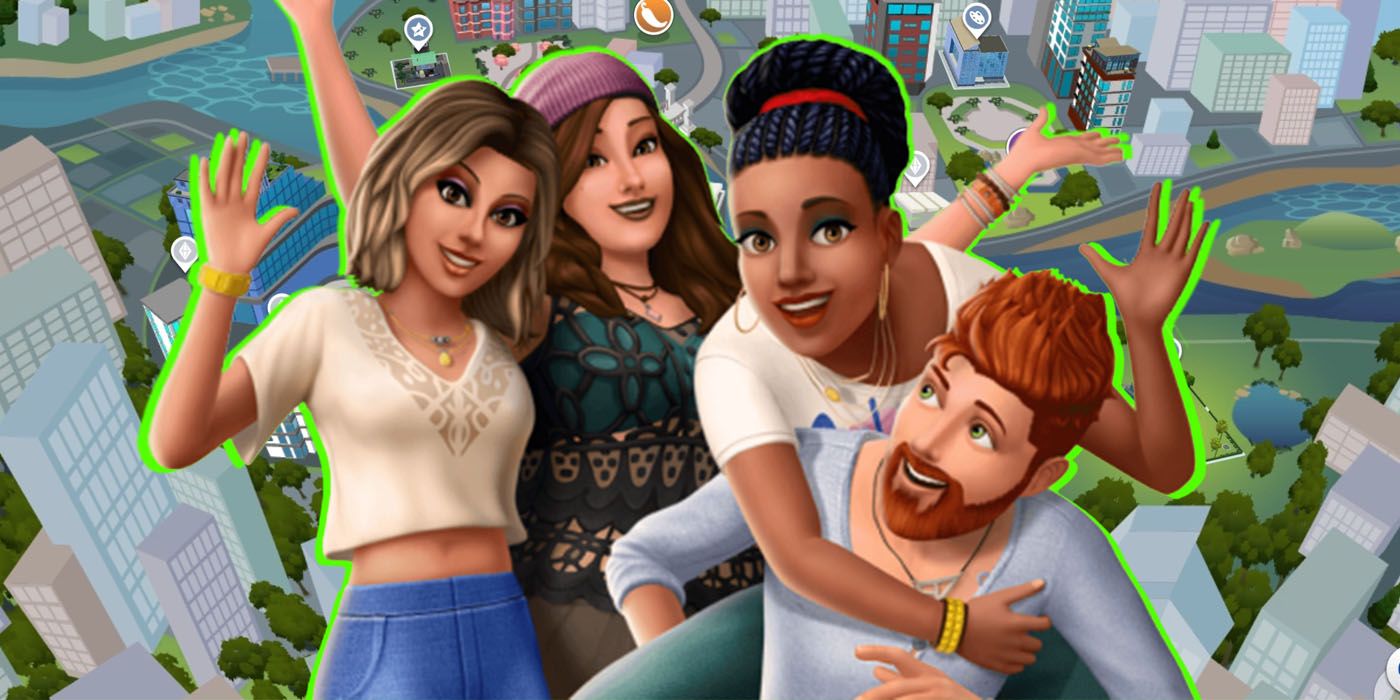 vitorearon a cuatro personajes de Los Sims 4 frente al mapa de la ciudad de San Myshuno