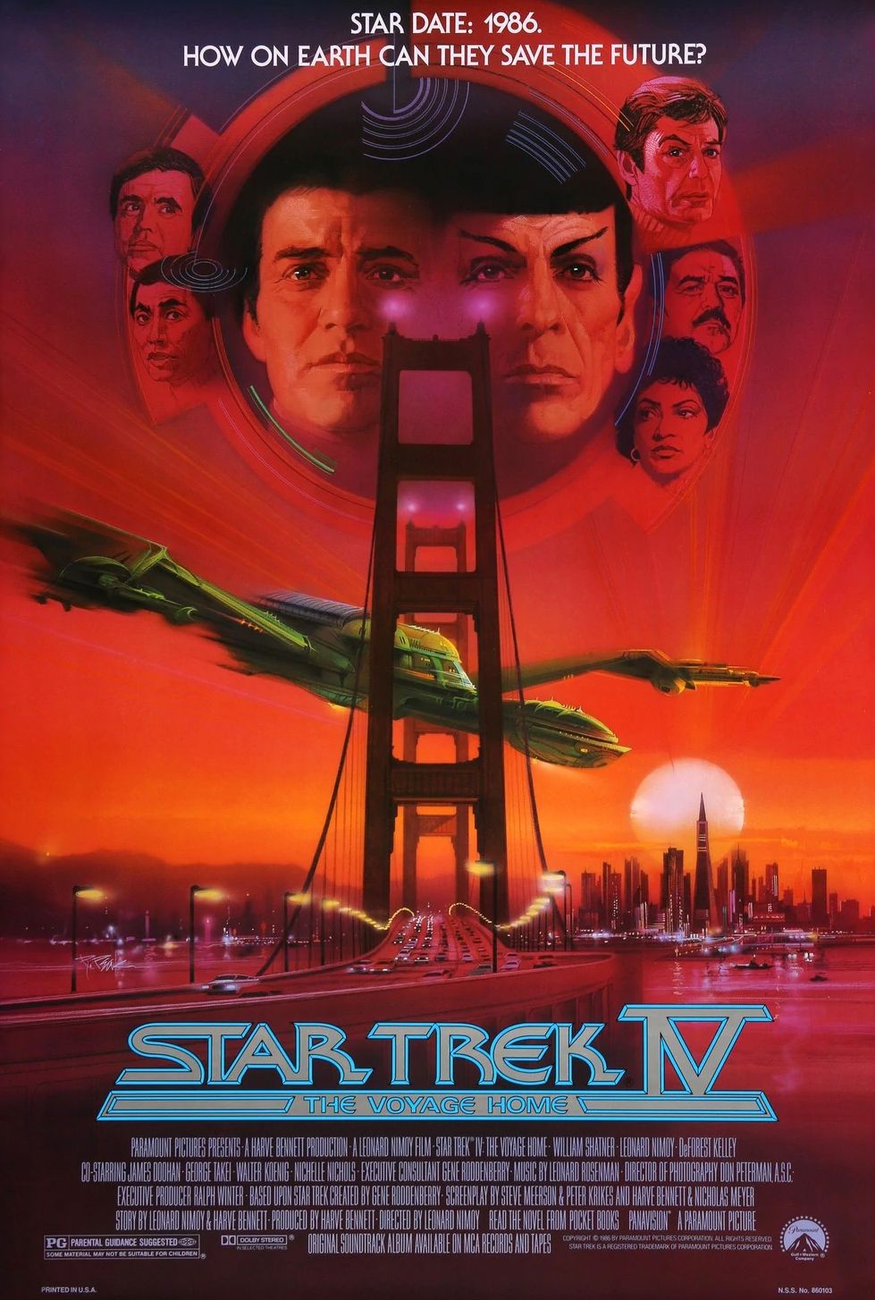 Walter Koenig, Leonard Nimoy, William Shatner, James Doohan, DeForest Kelley, George Takei y Nichelle Nichols en Star Trek IV: El viaje a casa (1986)
