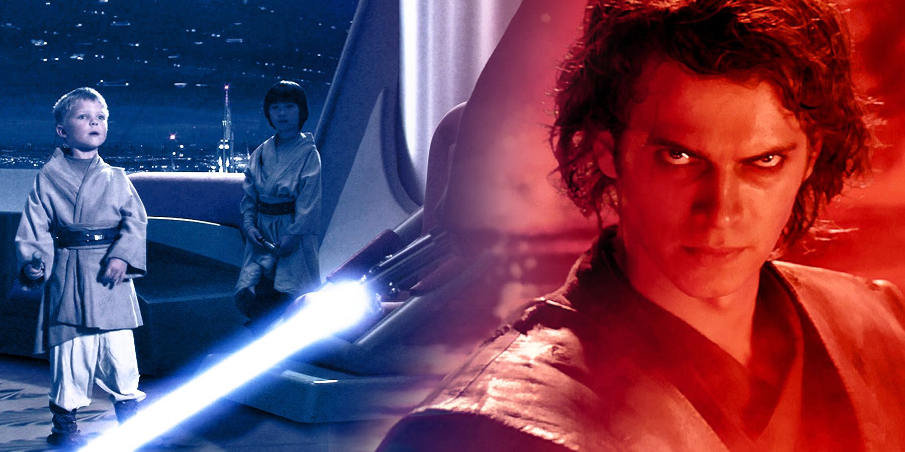 Anakin luce enojado junto a su sable láser encendiéndose frente a los jóvenes en Star Wars.