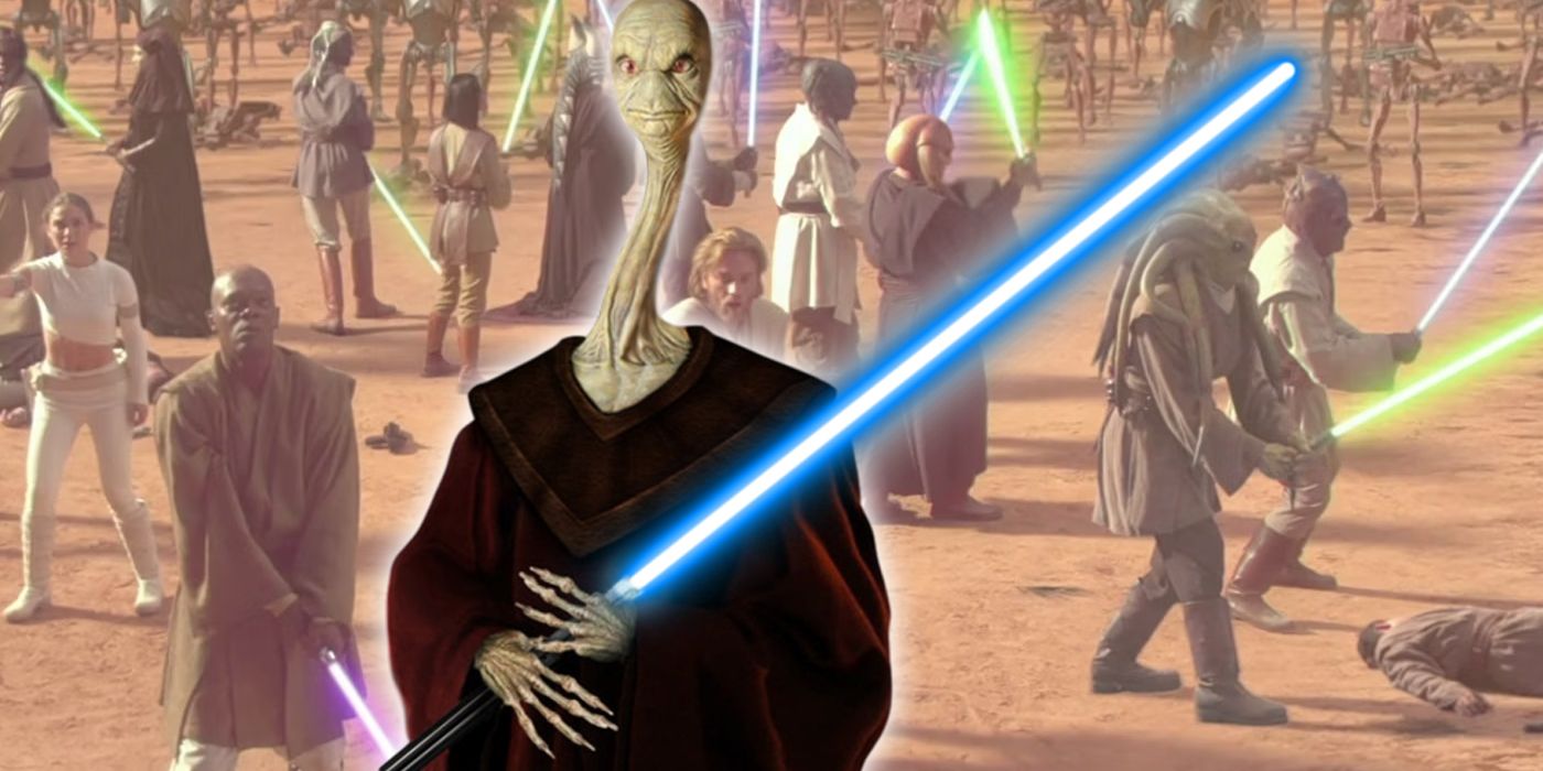 La Maestra Jedi Yarael Poof sosteniendo un sable de luz con los Jedi de El Ataque de los Clones al fondo.