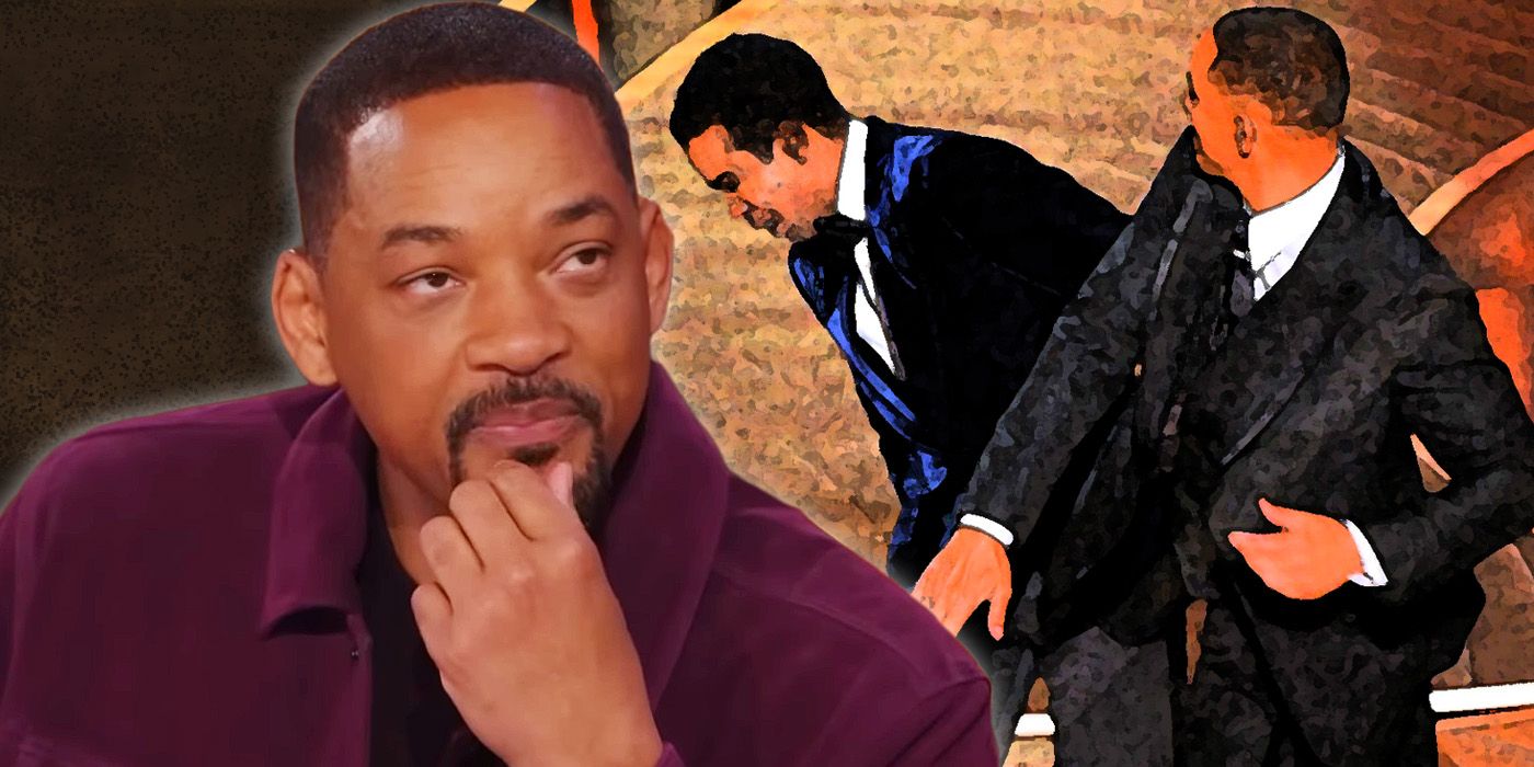 Will Smith en el Daily Show frente a una imagen de su bofetada al Oscar a Chris Rock.