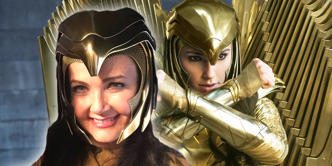 Lynda Carter con su casco de Wonder Woman 1984 junto a Wonder Woman de Gal Gadot con el equipo dorado completo.