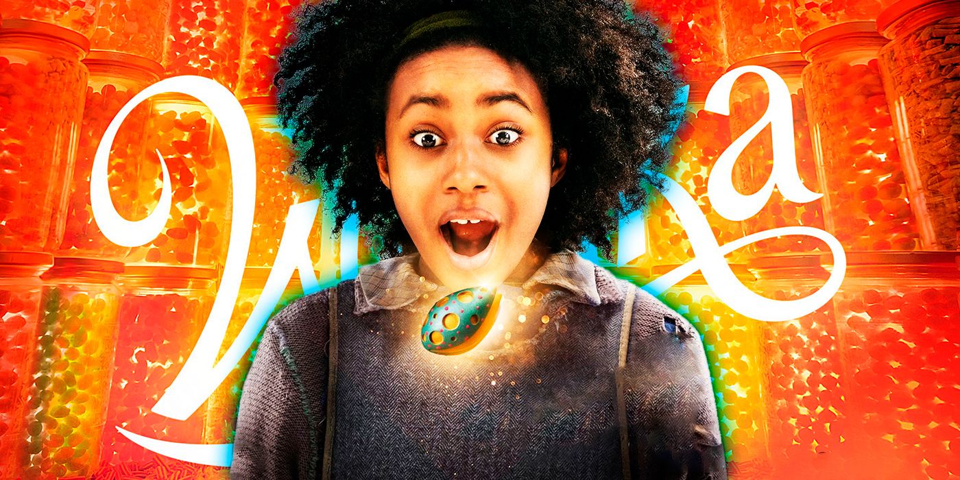 Imagen de Noodle (actor Calah Lane) luciendo sorprendido frente al logo naranja de Wonka.