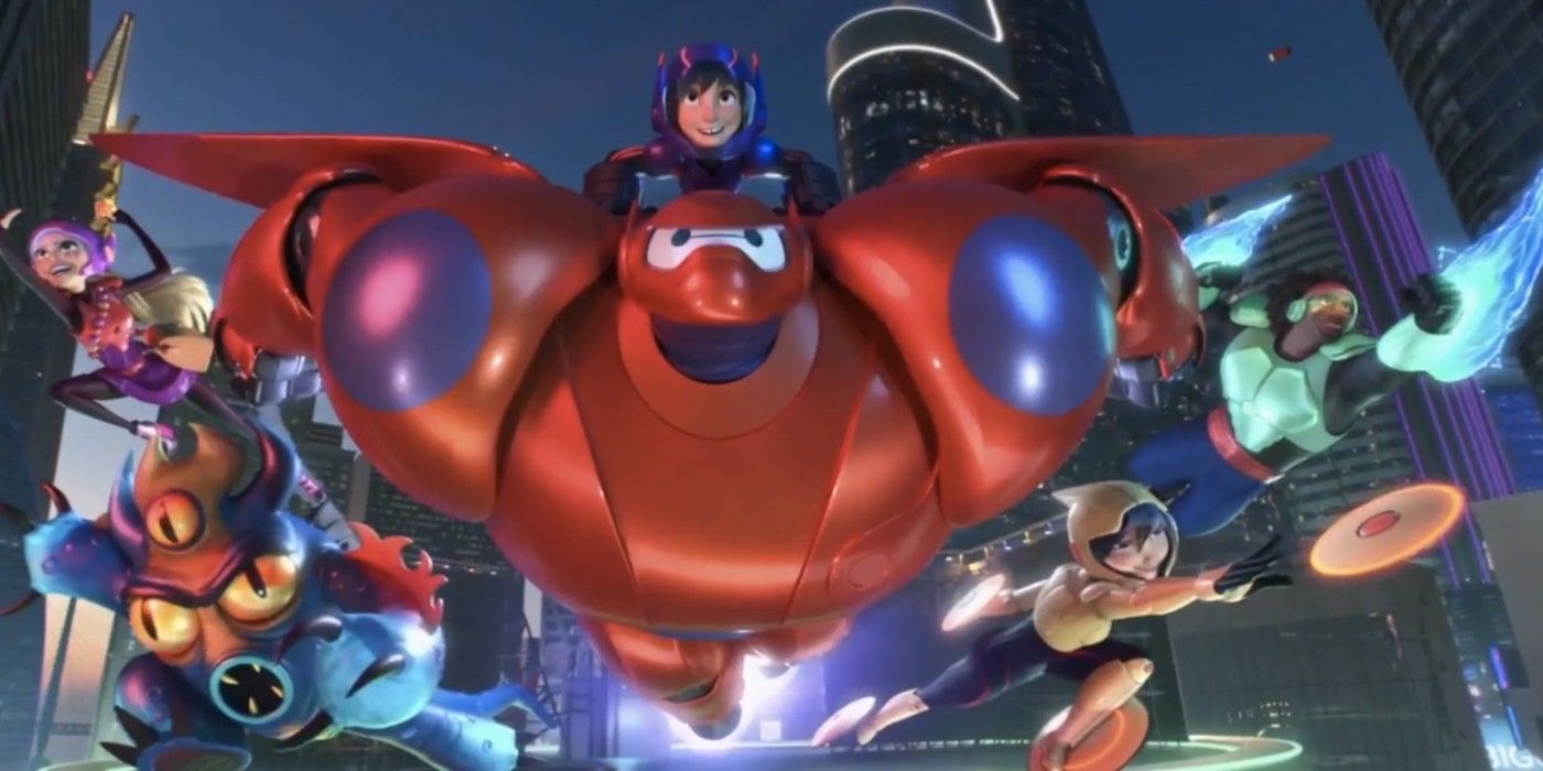 El equipo de Big Hero 6 reunido en trajes, volando en el aire