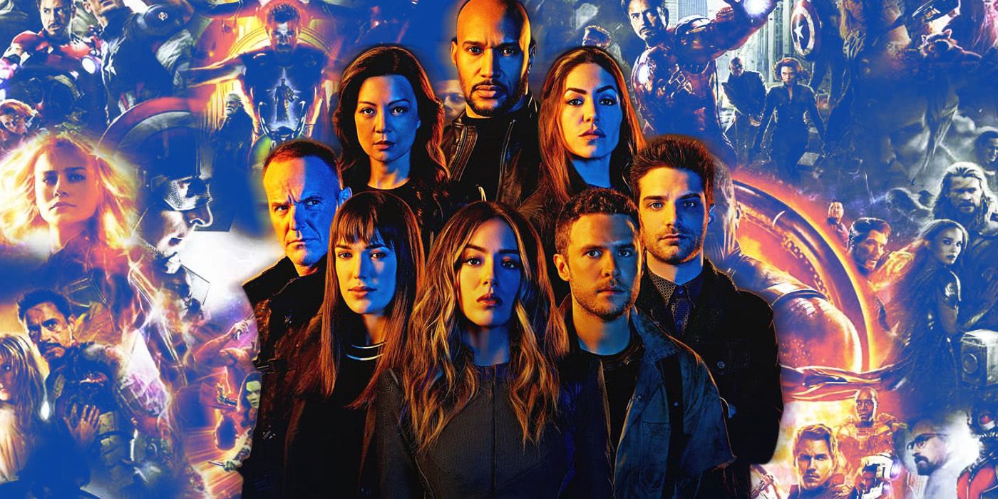 El elenco de la temporada 6 de Agents of SHIELD rodeado por un collage de carteles de MCU.