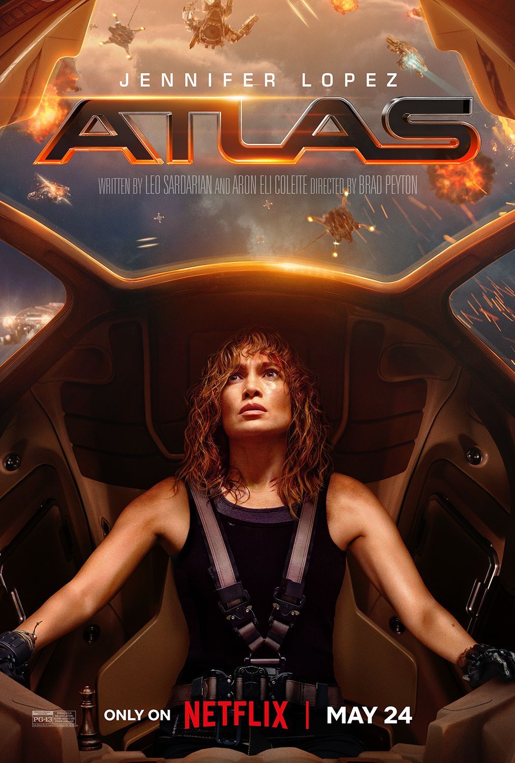 Póster de la película Atlas que muestra a Jennifer López mirando hacia el cielo volando una nave espacial