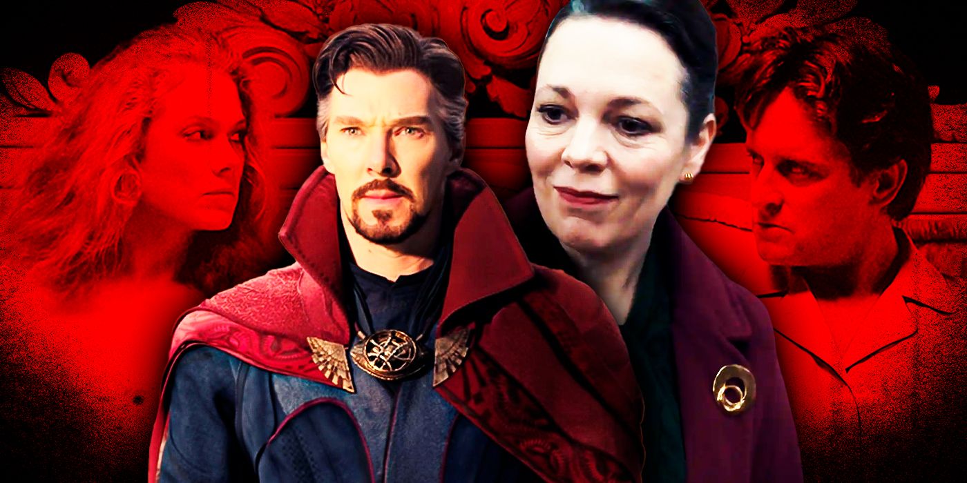 Benedict Cumberbatch y Olivia Colman con el cartel de La Guerra de las Rosas al fondo