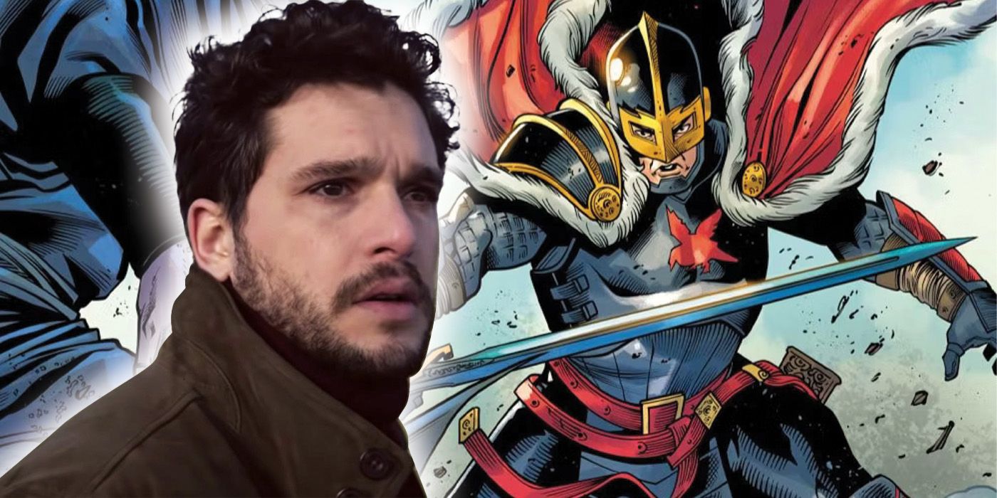 Una imagen compuesta que presenta a Kit Harington como Dane Whitman y Black Knight de los cómics empuñando la Ebony Blade.