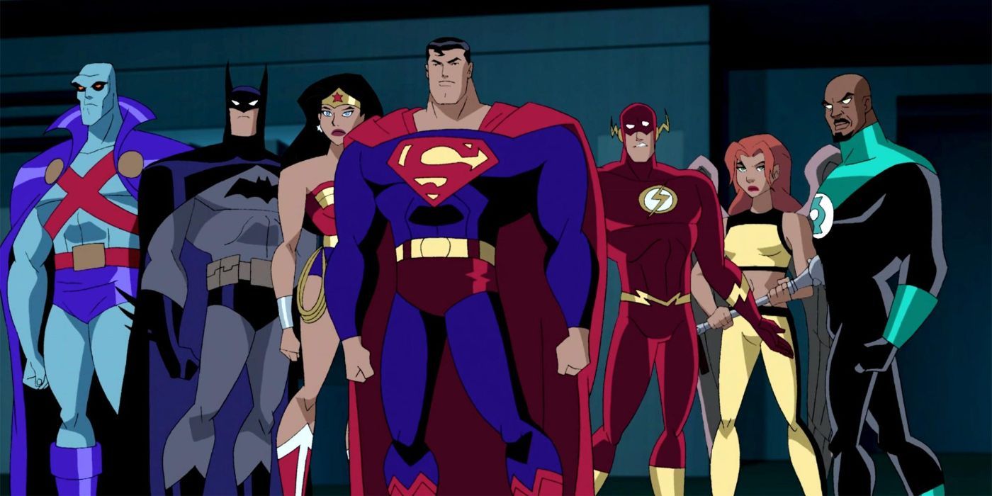 El elenco de Justice League Unlimited con Superman en el centro