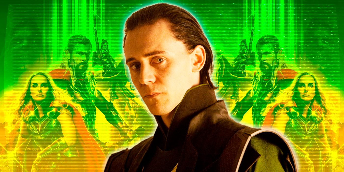 Un collage del Loki de Tom Hiddleston frente al elenco de Thor Love and Thunder