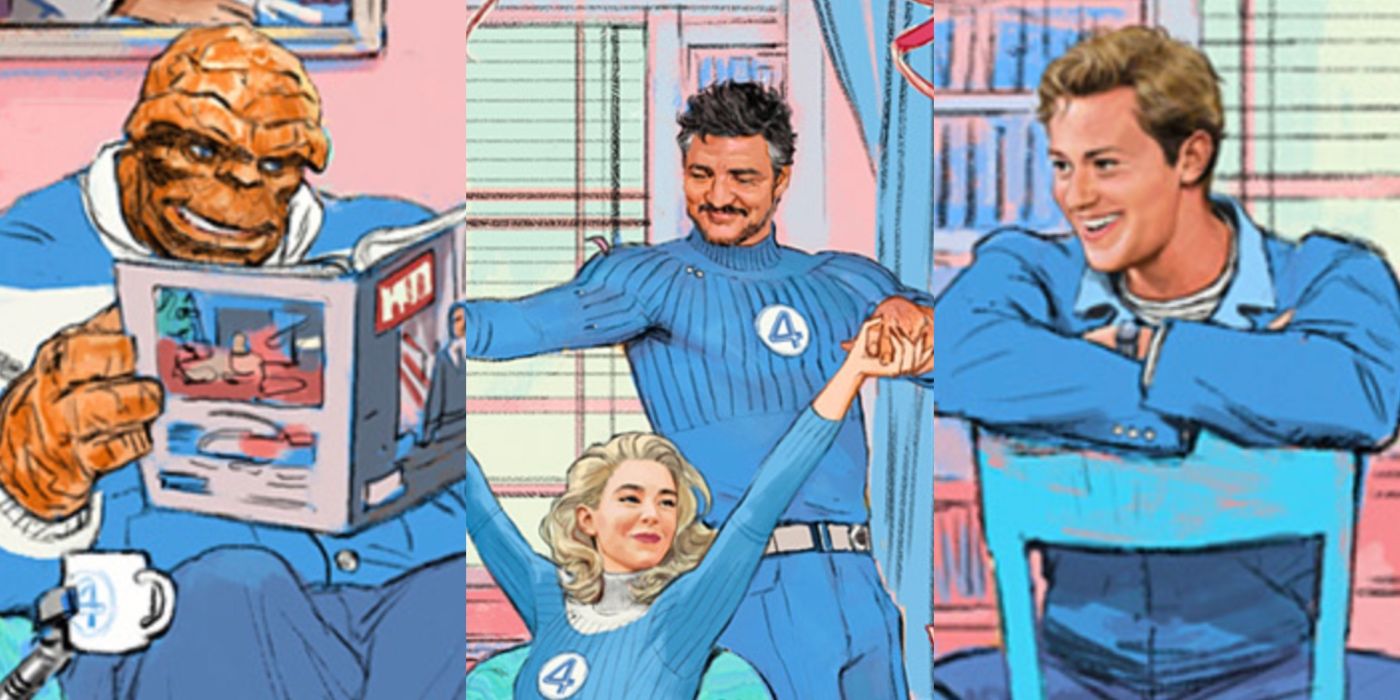 Ben Grimm/The Thing lee la revista Life, Reed Richards intenta convencer a Sue Storm para que baile y Johnny Storm sale con amigos y familiares en Los Cuatro Fantásticos.