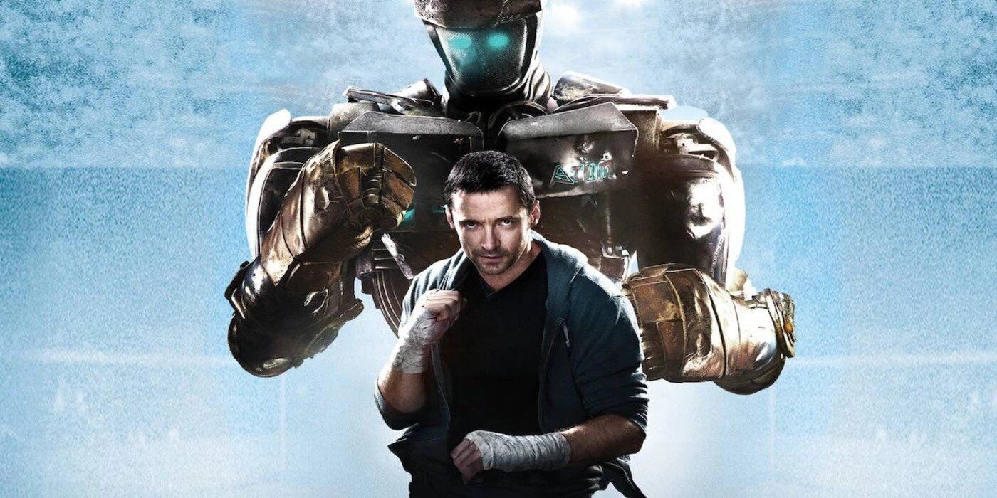 Hugh Jackman en pose de boxeo con un robot de Real Steel