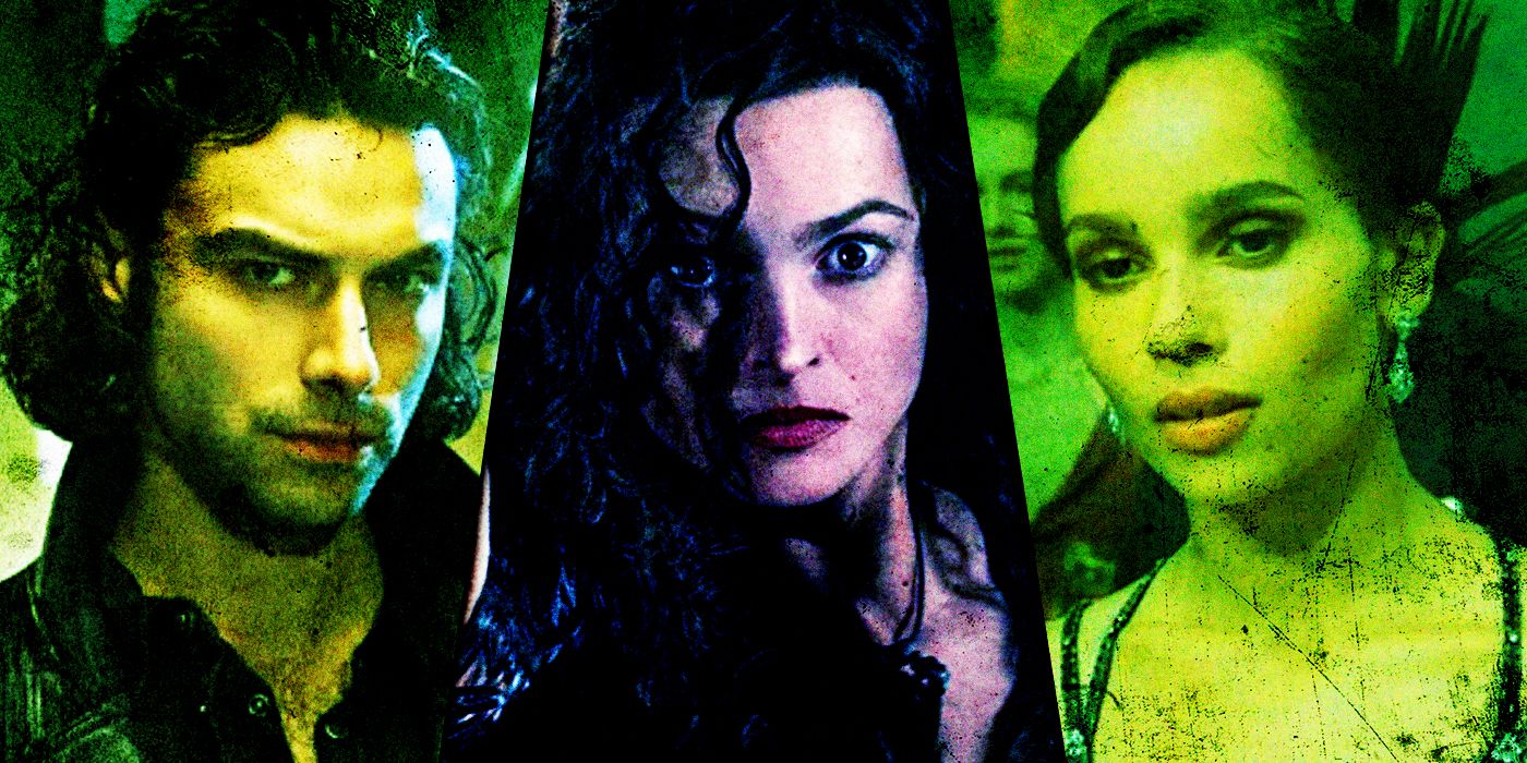 Imagen dividida de Rodolphus, Bellatrix y Leta Lestrange de Harry Potter.