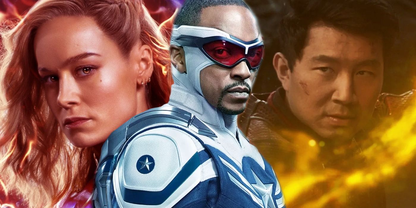 División: Brie Larson como Capitana Marvel;  Anthony Mackie como Capitán América: Simu Liu como Shang-Chi en el MCU